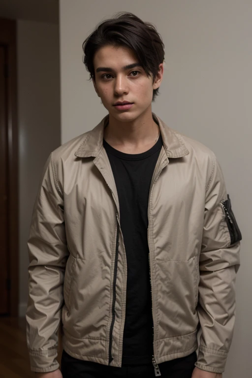  , boy , young , hyper_realism , standing next to mirros , selfie  , 1 person , chiseled jawline,  black hair , jacket , male , short hair