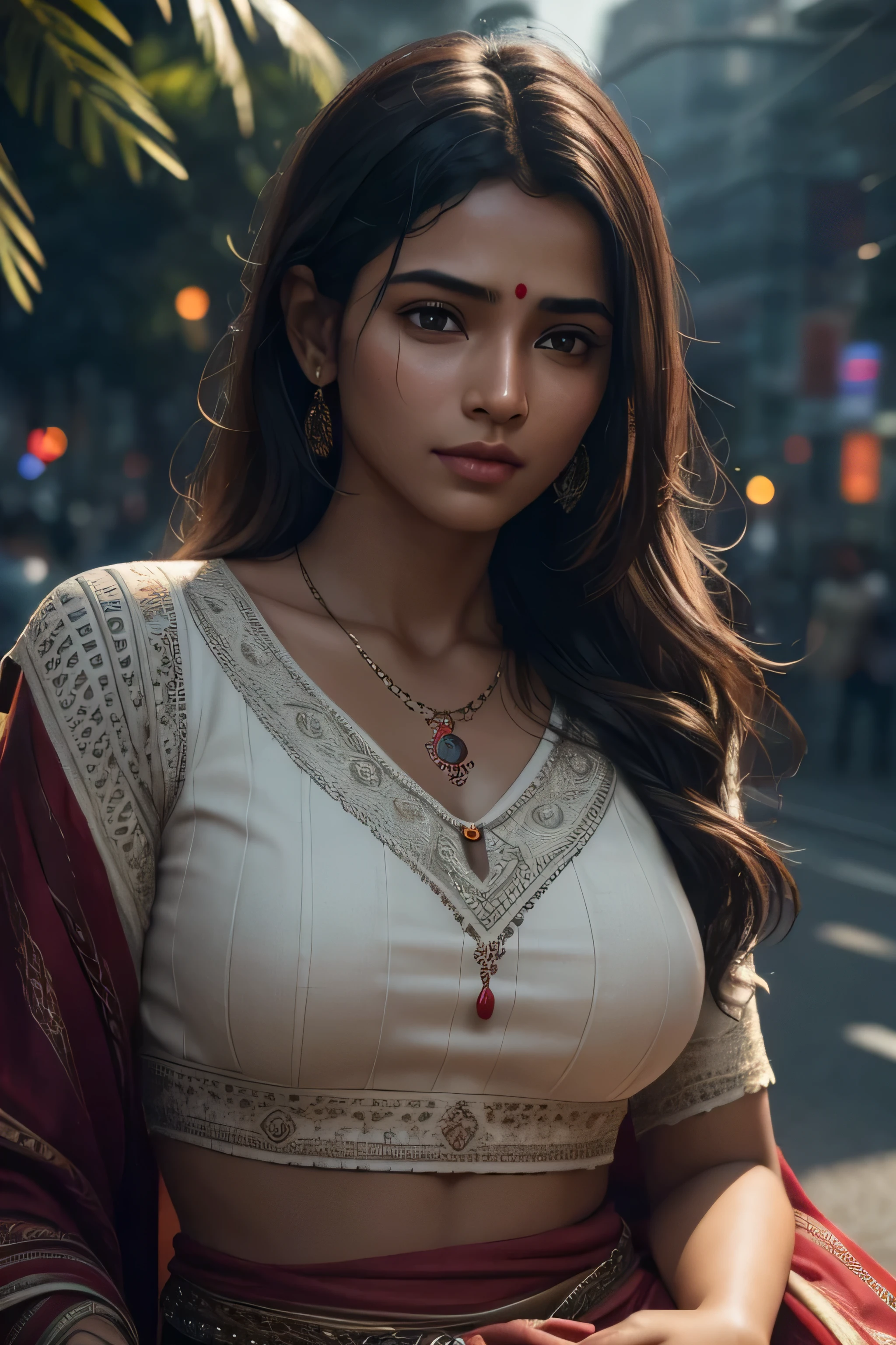 young Indian girl, 26-year-old, red top, gentle lighting, intricate facial details, flawless complexion, top-notch 3D rendering, hyper-realistic, shot on Indian road. photorealistic digital art trending on Artstation 8k HD high definition detailed realistic, detailed, skin texture, hyper detailed, realistic skin texture, armature, best quality, ultra high res, (photorealistic:1.4),, high resolution, detailed, raw photo, 400 camera f1.6 lens rich colors hyper realistic lifelike texture dramatic lighting unrealengine trending on artstation cinestill 800