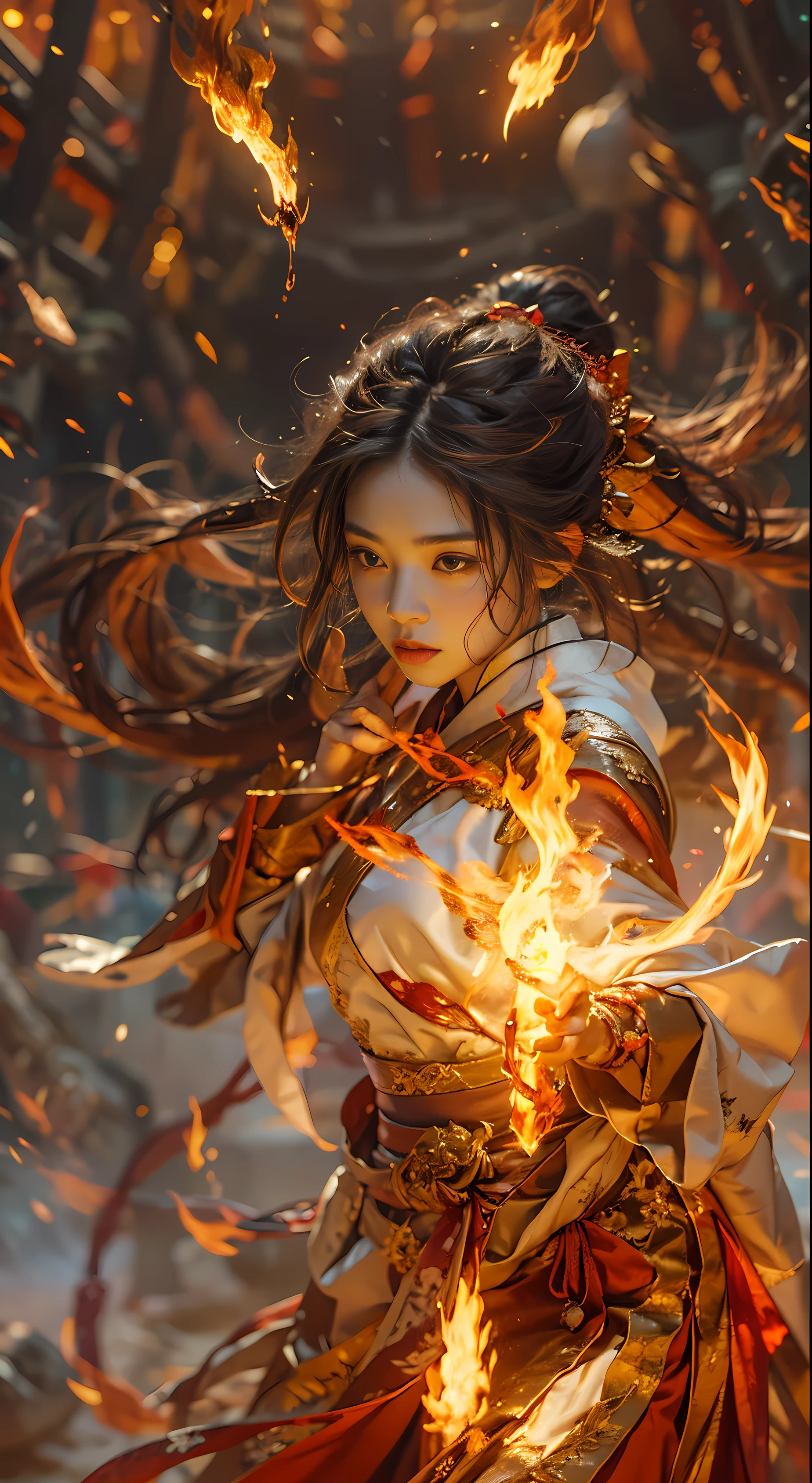 1girll,Beautiful, Chinese girl, Solo, Flame mage dressed in fiery red(Chinese Hanfu), Slender,The robe was embroidered with intricate runes and ornamentudes a burning breath, She was tall and strong,Hands up,Powerful fire spells are being unleashed, Her eyes were firm and sharp,A flash of fire flashed in her eyeehind the Flame Mage,(A huge flame phoenix spread its wings and flew:1.2),(The feathers of the phoenix burned with roaring flames),It shines brightly,Its body is surrounded by flamelame feathers danced,Form a spectacular flaming six-pointed star array pattern,Full of mysterious magic,The whole scene is full of fiery aura and passion for fighting,Large areas of flame spells bloomed in the air,A brilliant arc of flame and flying sparks formed,(Flame Mage and Phoenix),It appears majestic and mysterious in the midst of raging fires,Like the embodiment of fire and magic,red hair,high detal,ultra-realistic realism,Verism,((Bust photo)),(real photograph:1.4),(lightand shade contrast),cinmatic lighting,Realistic special effects,rendering by octane,Ray traching,in a panoramic view,angle of view,textureskin,super detailing,hyper HD,tmasterpiece,anatomy correct,best qualtiy,A high resolution,8K