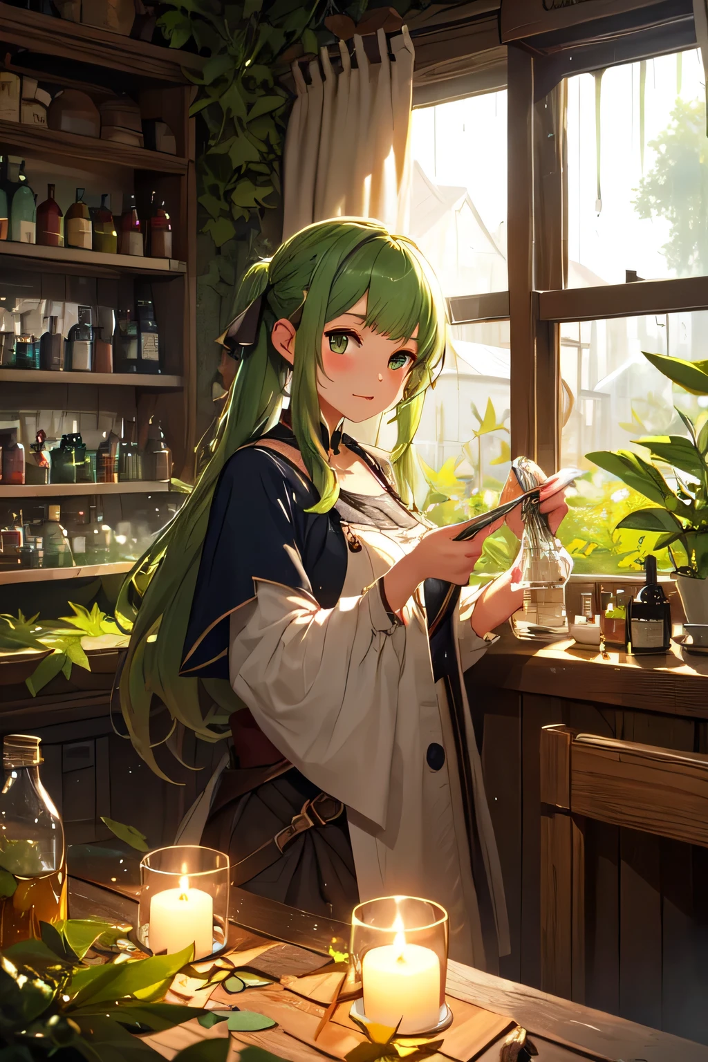 Magic researcher girl。He holds a flask filled with green liquid、Smoke is coming out。There are many thick dictionaries stacked up、room。