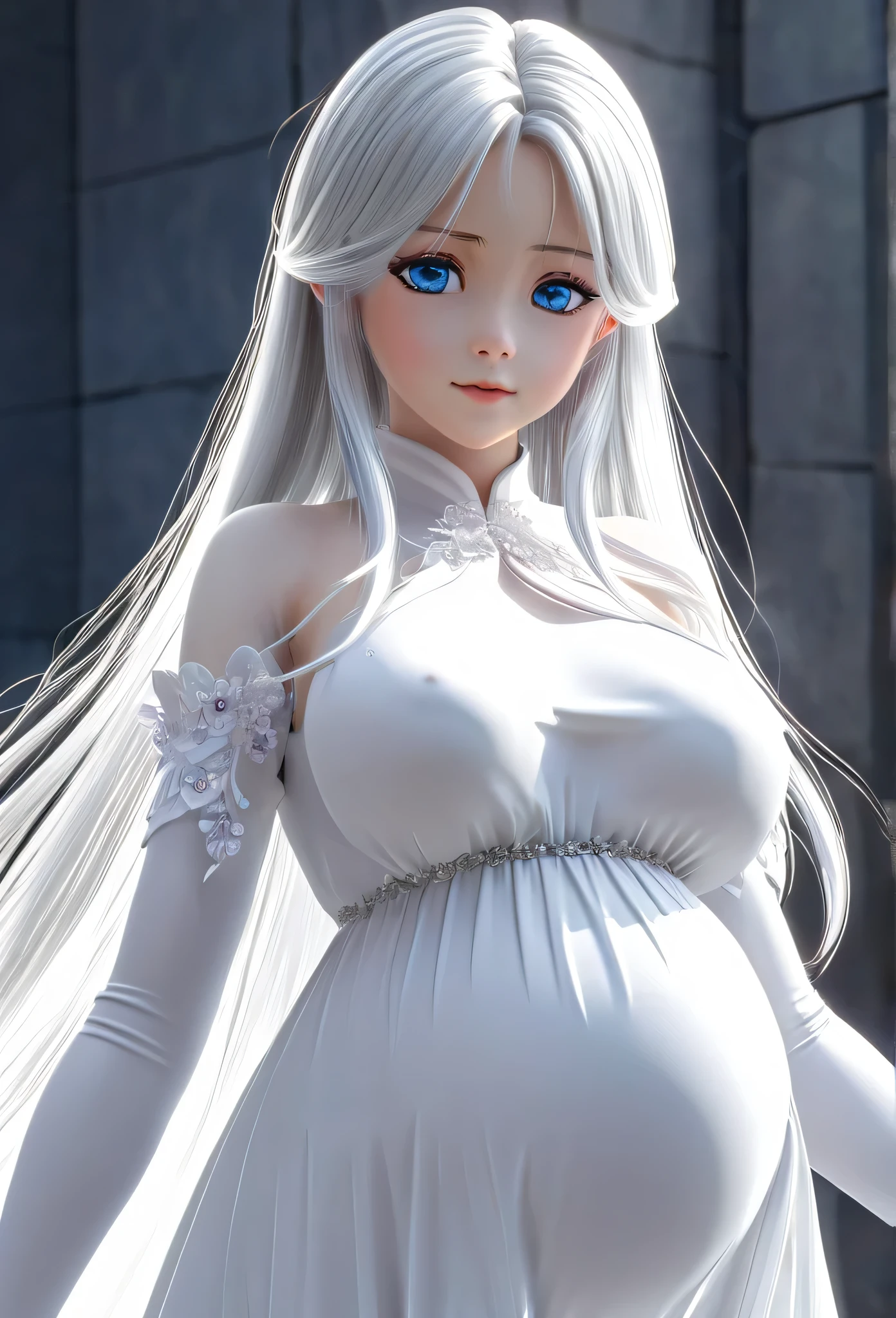 -yeld giSilver long hair，Blue Eyes，Long eyelashes，Unbelievably huge breasts，((3D anime style))，White dress with a lot of exposure，Are pregnant，