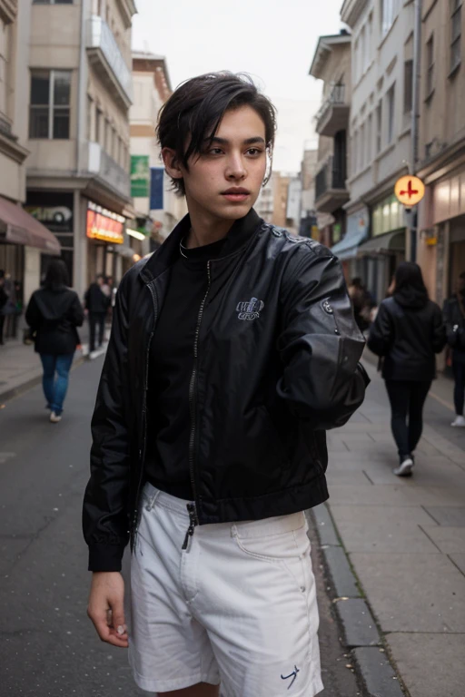 a half a human half oni teen man, with white short hair, using a black jacket, white shorts and red shoes