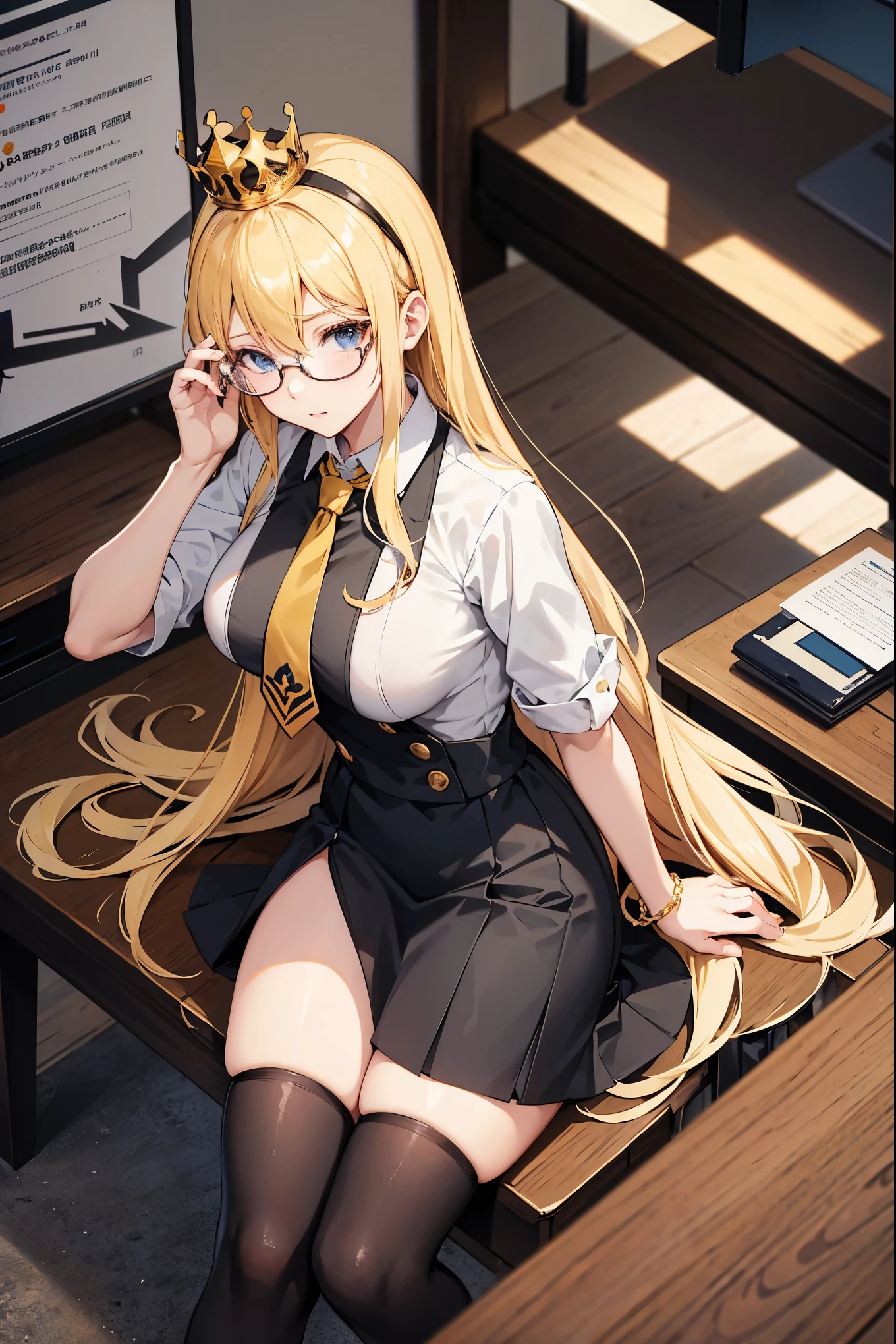 "anime girl, 1 person, bright blonde hair, glasses, crown, women's shirt, vest, tie, office clothes, front view, big breasts, black dress, long stockings, student, class room,front view (full HD 4K+ image)"