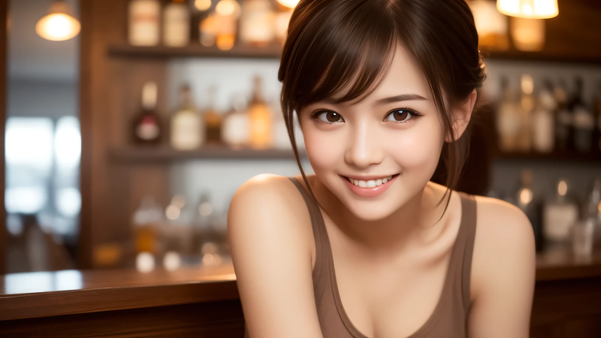 (1girl), brown eyes, A very neat face, (cute smile:1.2), (innocent smile:1.2), (highly detailed eyes, highly detailed face), (Tank top:1.2), (hyper-realistic, hight resolution), (best Quality:1.4), model, Enchanting, Cocktails bar, stylish bar, sitting, indirect lighting, (Fine face:1.2),