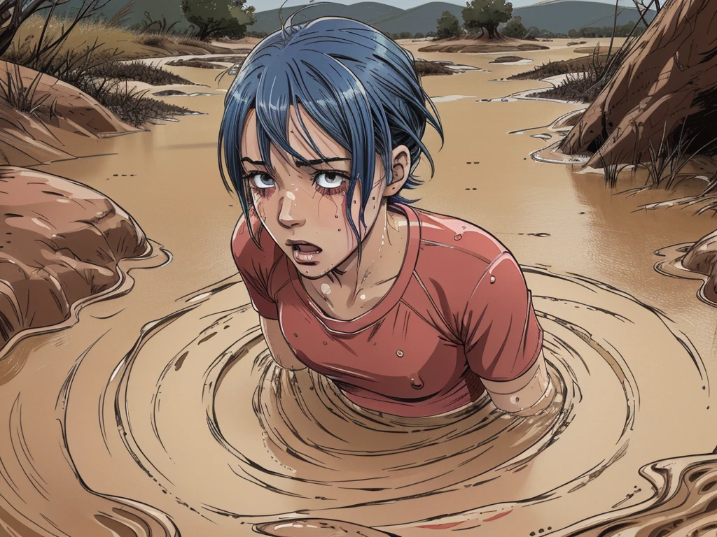 (best quality, highres), (anime), (junior teenage girl head), (colored hair), (gloomy orgasm:1.4), (blush), (sporty top), (completely drowned in quicksand bog), (red), (blue), tattoo, (crying tears),sky