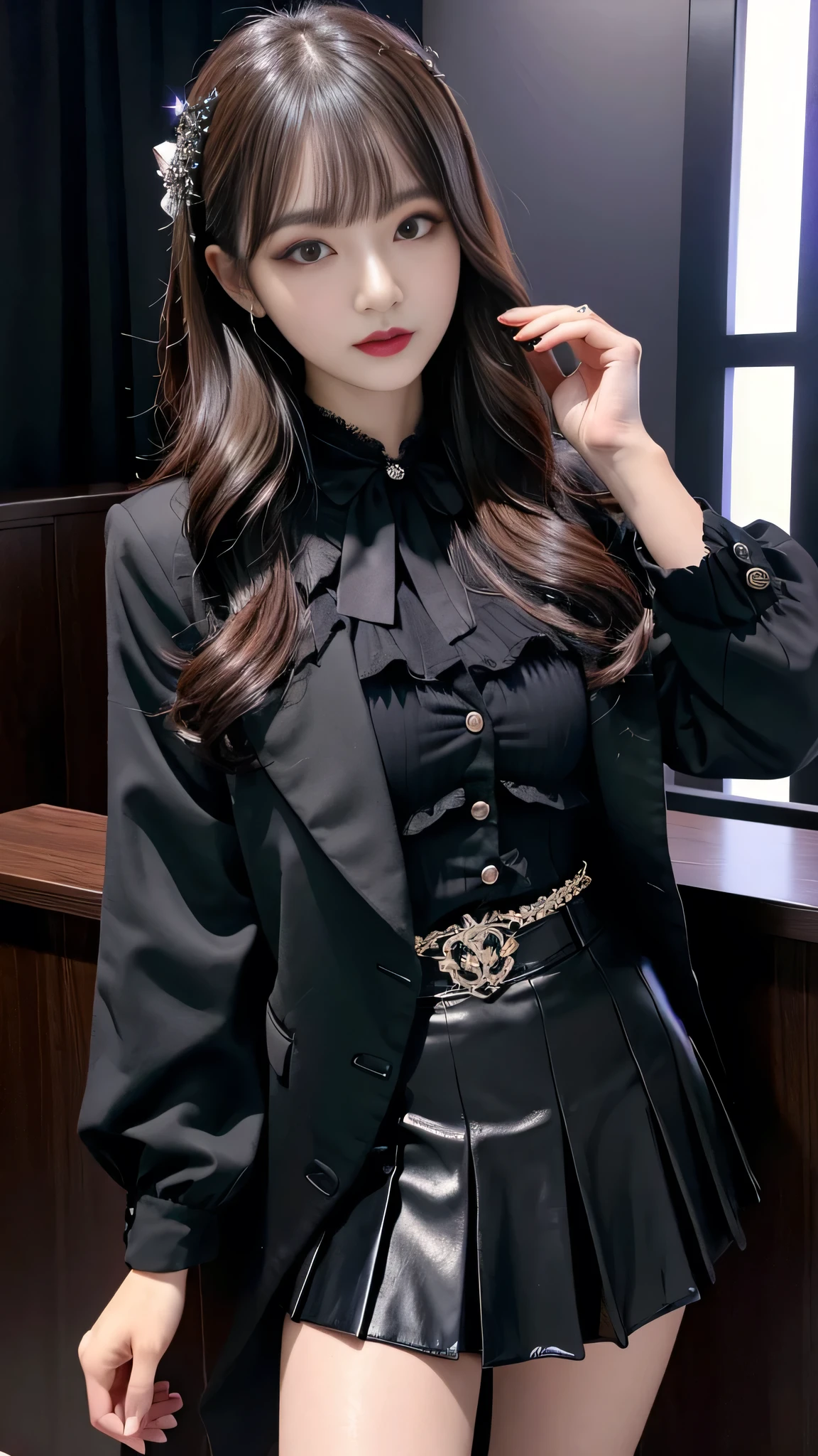 best quality、ultra-detailed、4k、Japanese、Seductive beauty、seductive adult woman、Pretty Woman、cool girl、Villainess、Brainwashed、brainwash、Fallen into evil、smirk、Evil look、Wicked Smile、evil、Brown hair、wavy hair、swept bangs、dark makeup、dark makeup、piercing eyes、hollow eyes,half-closed eyes、Hollow Eyes、purple Eyeshadow、black lipstick、black lipglos、suit、Jacket、Black Ribbon、Frilled blouse、flare skirt、night、inside darkroom、Has a switch、Emblem of Evil、Crest of Darkness、Swear allegiance、I have pledged my allegiance、Dye black、Blackening、Stained with evil、Dyed in darkness、