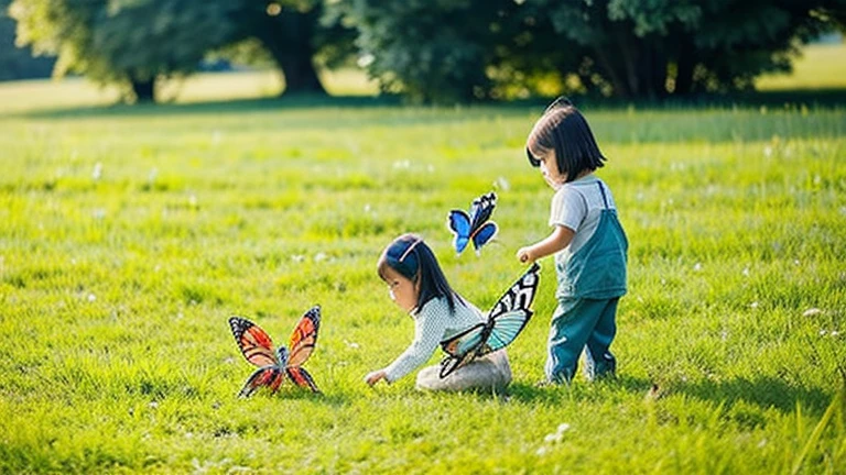 Children playing with insects in the countryside、