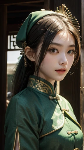 wearing green ancient Chinese armor、A cloth was wrapped around the head