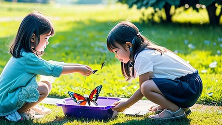 Children playing with beautiful insects in the countryside、
