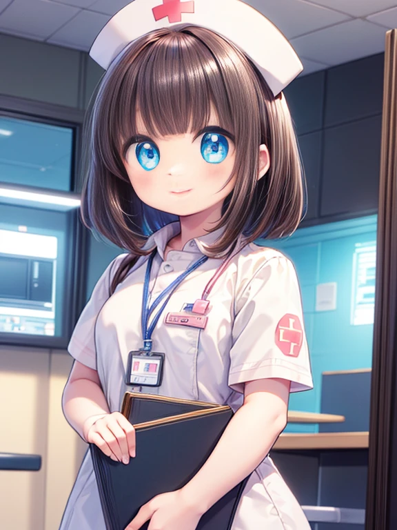 Very detailedな,(masterpiece:1.2) , (highest quality:1.2) , (Very detailedな:1.2), 2.5D,Very detailed,Browsing Caution, Anime Girls,Dark brown hair,Medium Hair,break,blue eyes,break, hospital,nurse,smile