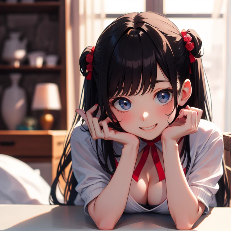 masterpiece, highest quality, One Girl, Thighs, beautiful girl, Flowers, たくさんの小さなflower, flower、Small waist, RAWphotograph,Bright lighting、Face Light, Ultra-realistic, High resolution, photograph, Sharp focus, Highly detailed eyes and face,Symmetrical face, whole body、Large Breasts、Long Hair、チラリと見えるThighs、Emphasized cleavage、Her hair was tied with a big red ribbon.、White high heels、White knit、race、White micro mini skirt、Embarrassed、smile、Happy smile、bye bye、Cutesy