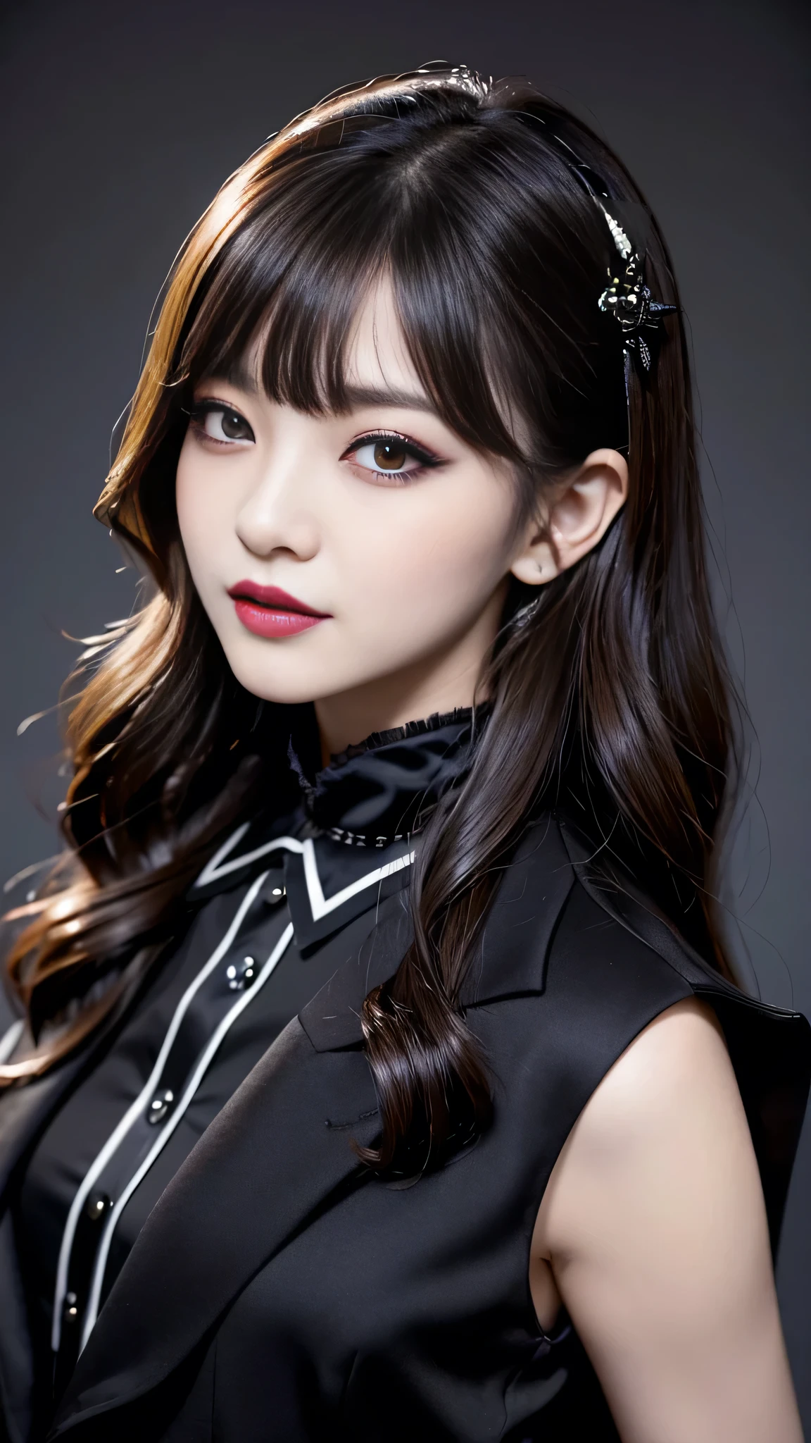best quality、ultra-detailed、4k、Japanese、Seductive beauty、seductive adult woman、Pretty Woman、cool girl、Villainess、Brainwashed、brainwash、Fallen into evil、smirk、Evil look、Wicked Smile、evil、Brown hair、wavy hair、swept bangs、dark makeup、dark makeup、piercing eyes、hollow eyes,half-closed eyes、Hollow Eyes、purple Eyeshadow、black lipstick、black lipglos、suit、Jacket、Black Ribbon、Frilled blouse、flare skirt、night、inside darkroom、Has a switch、Emblem of Evil、Crest of Darkness、Swear allegiance、I have pledged my allegiance、Dye black、Blackening、Stained with evil、Dyed in darkness、