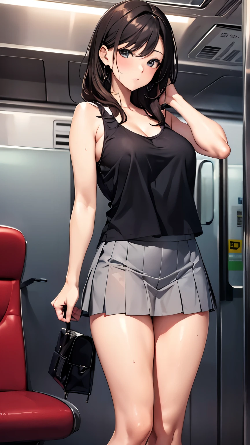 ((masterpiece, Highest_quality)), One woman、Beautiful mature woman、 (Realistic:1.4),  alone, black_hair, length_hair,   zettai_ryouiki, Micro Mini Skirt, ((full_body)),White panties、Are standing、Embarrassed expression、Absolute area、Over the knee socks、on the train、See-through tank top、48 years old、Fidgety、Sweat、Are standing、Perfect limbs