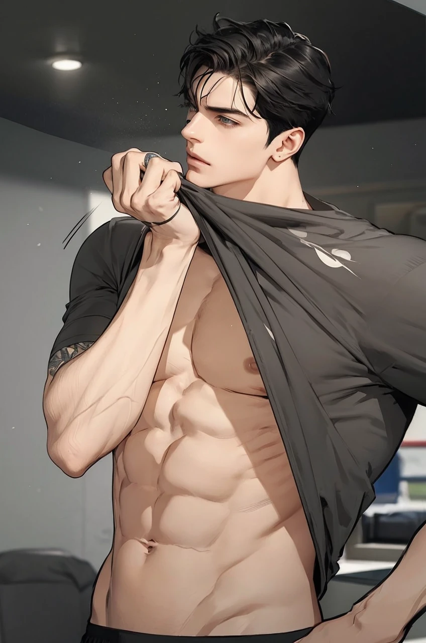 Half body photorealistic 4k, high resolution, best quality, masterpiece, perfect color, perfect shade, perfect lighting, Posted by e621, ((portrait)), ((handsome man)), perfect male figure, Short hair details,Naked torso,wearing an underwear brief. Super bulge.. Detailed face, perfect face, (stood up), Detailed background, ((Bonifasco Lighting)), (delicate eyes),,,tattoo,((seashore)),emaciated