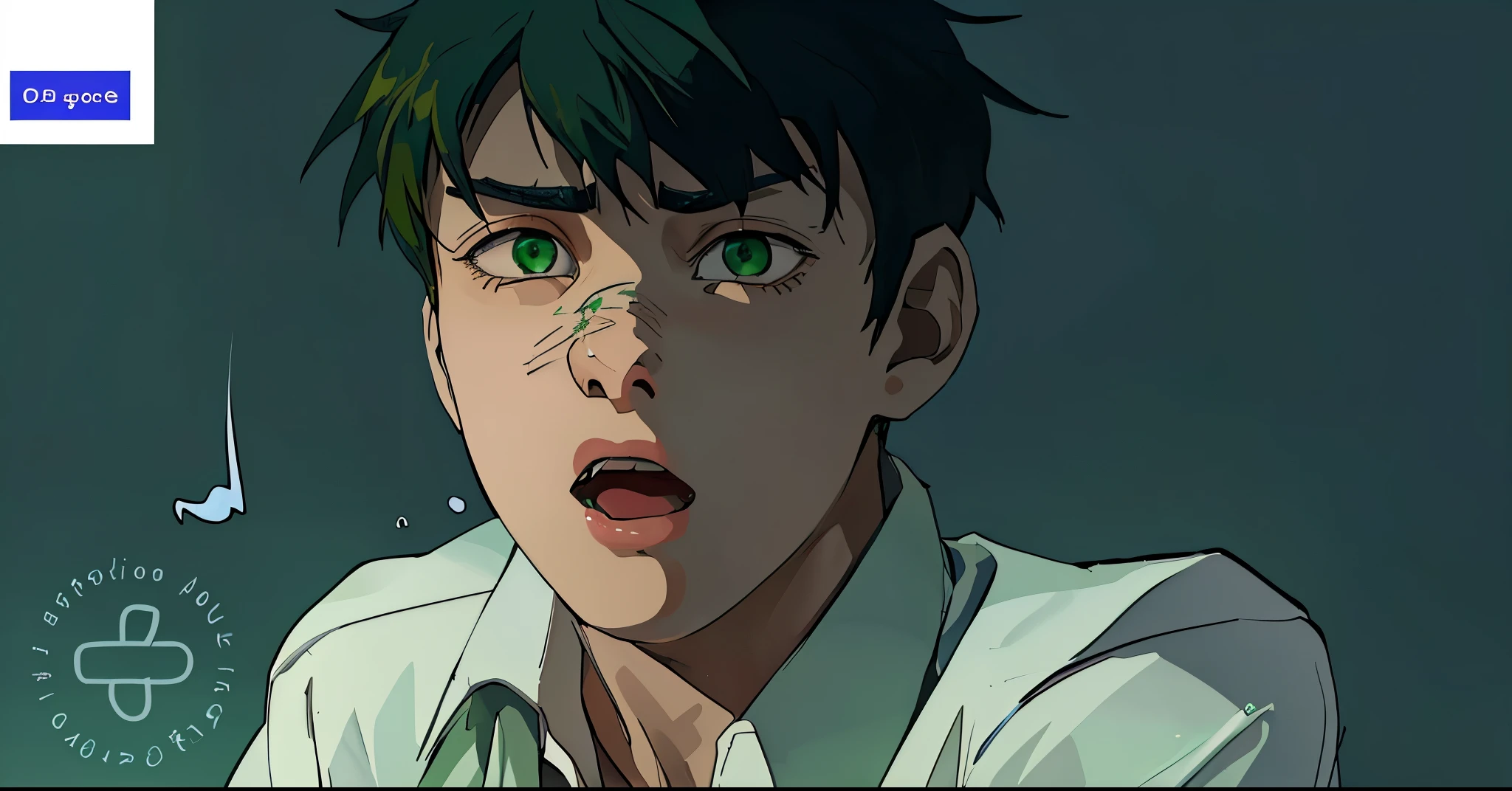 cute 16 year old boy is scared surprised green hair green eyes white shirt with blue collar