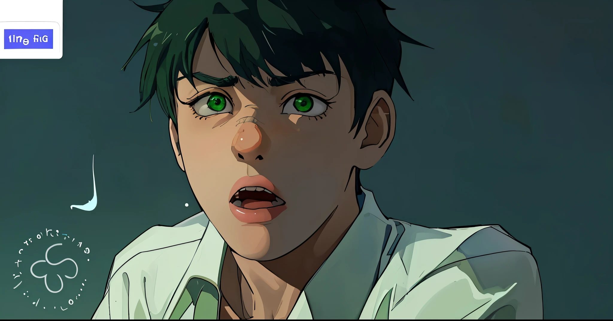 cute 16 year old boy is scared surprised green hair green eyes white shirt with blue collar