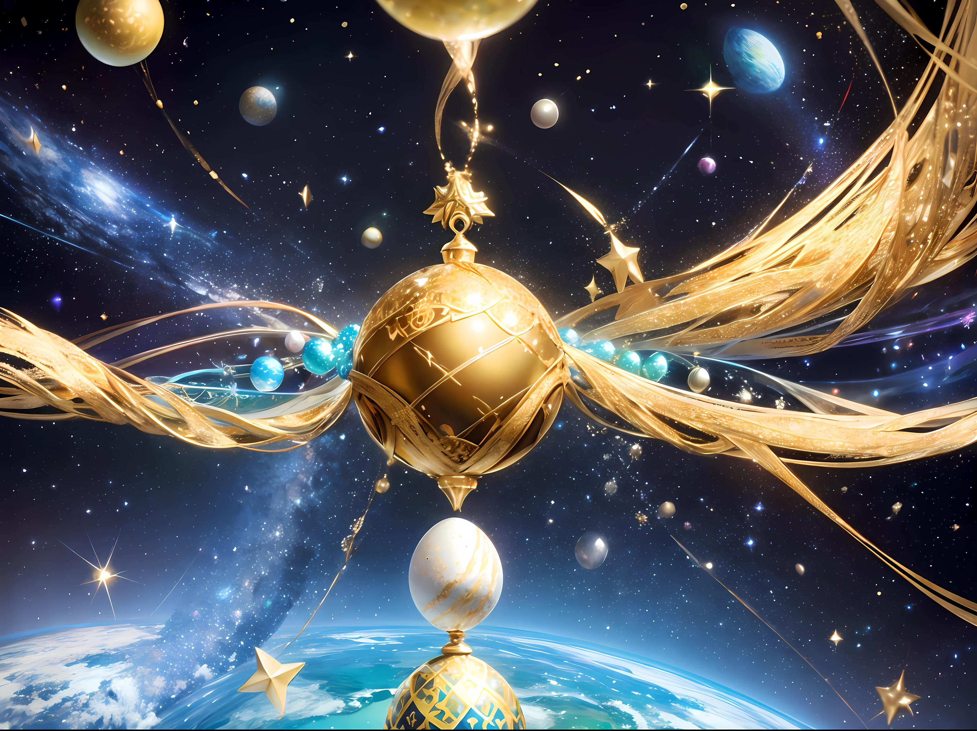 A dimension where Earth like planets are hatched from eggs covered in gold, silver and jewels laid out in fractal patterns, As the eggs hatch the planets are sent into different dimensions, Christmas theme