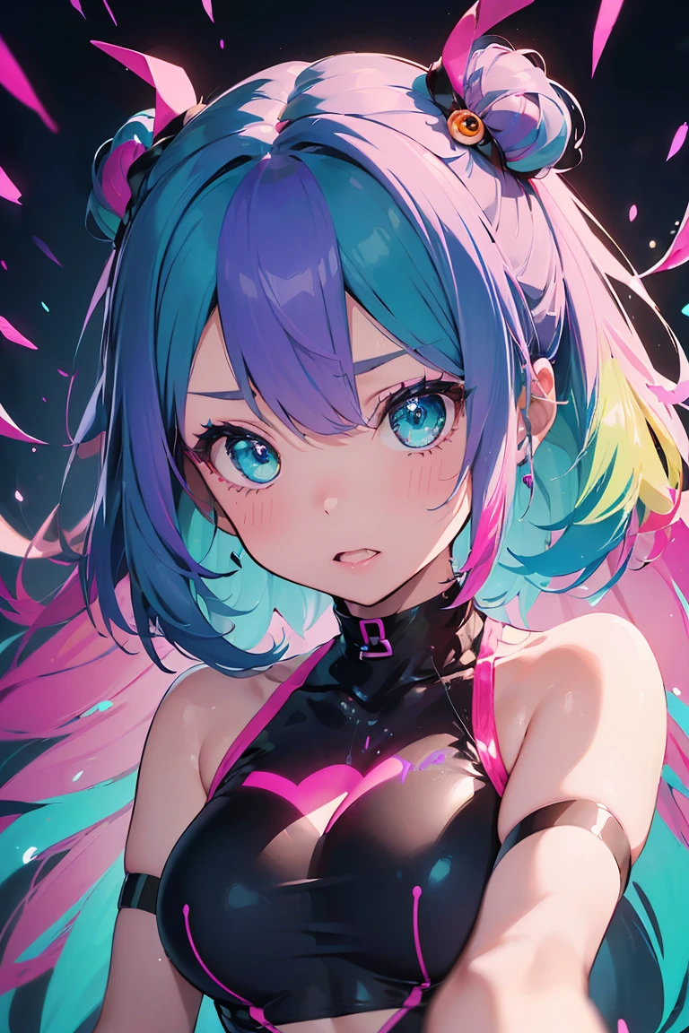 Bright colorsのアニメの女の子の猫耳ヘッドフォンと (big breasts:1.3), ((Eyes looked upwards:1.3, perfect eyes ,beautiful and fine eyes, 非常にdetailedな深紫色のアクアアイで虹が輝きます:1.1, gradient eyes:1, Detailed beautiful eyes:1, symmetrical eyes:1, Great highlights above the eyes:1.2)), very shy, ruboroso, (open your mouth), Concerned, in a psychedelic room, ((((shiny skin: 1.5, sunburned skin, shiny skin, very shiny skin, shiny body)))), sight tranceのイラスト, sight trance, psychedelic art style, Neon Colors theme, (((masterpiece))), (Complex), 8k, best quality, (visual strength: 1.5),
(((liquid hair paint:1.1))) ,(((Neon purple hair | neon pink hair | neon blue hair | Aqua neon hair | purple hair | fuchsia hair | fluorescent blue hair | amethyst hair | neon hair | bright pink hair :1.5))), ((made with paint、defy gravity,thick stream),(paint splash:1.3), (shiny hair: 1.3), (Bright colors), dynamic pose, embarrassing,Centered,Scale to fit,Rule of thirds, ((liquid paint one piece swimsuit)),
Multicolored background, colorful theme, play with splash paint, beautiful light, colored light particles,high contrast clothing, Touch of color, colorful wall paint, detailed Complexs, Exposure Blending, HDR, (graffiti art),plus_detailed:0.5,