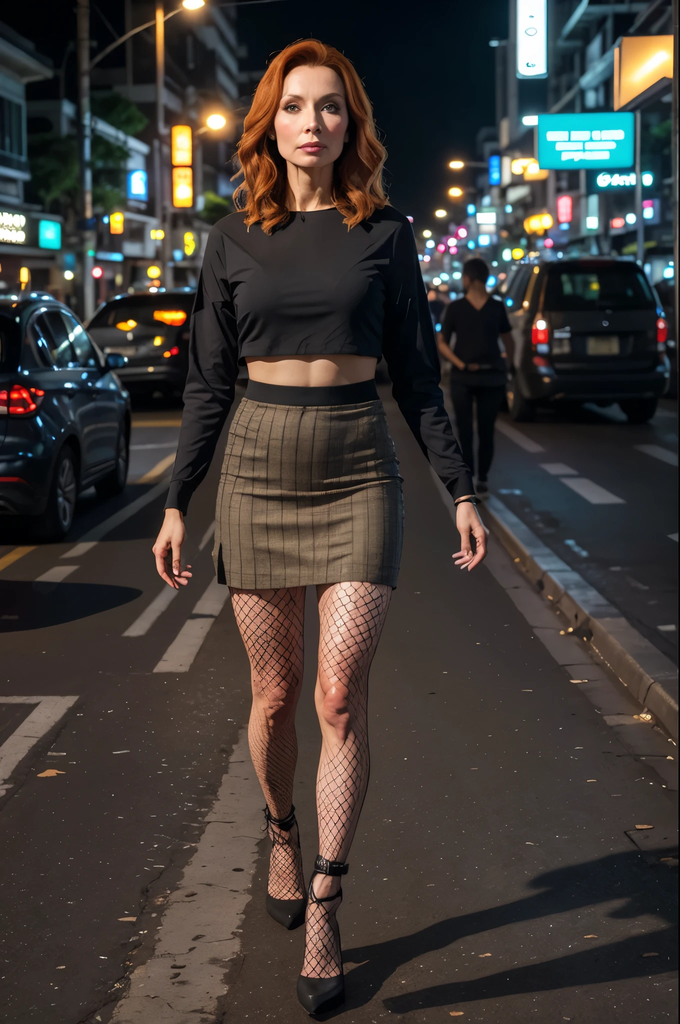"(best quality,4k,highres,masterpiece:1.2),ultra-detailed,photorealistic,(HDR,UHD),(studio lighting),(realistic:1.37),Gates McFadden(age 30)(dressed in micro skirt,fishnets,and micro top)(hair and makeup),flirting,hungry,walking the streets of Bangkok at night"