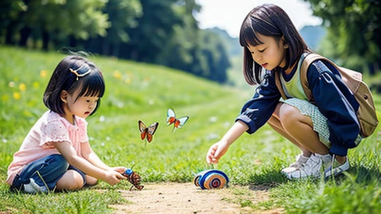 Children playing with beautiful insects in the countryside、