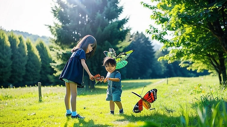 Children playing with beautiful insects in the countryside、