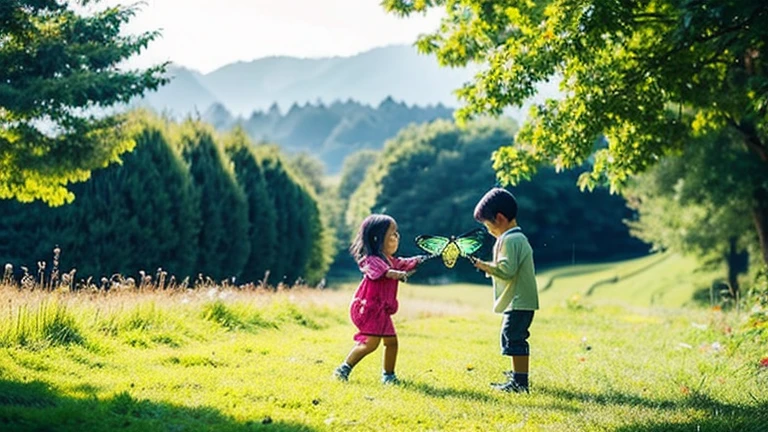 Children playing with beautiful insects in the countryside、