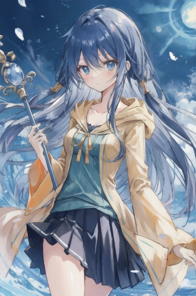 masterpiece, best quality, Ultra-high quality CG, Elijah I, 1 girl, Solitary, Long hair, Looking at the audience, skirt, shirt, Long sleeve, Keep, Hair between the eyes, Medium breasts, Keep your mouth shut, clavicle, Cowboy shooting, pleated skirt, Open your clothes, hood, Wide sleeves, black skirt, Blue Background, hood down, staff, robe, green shirt, Keep staff, Monster duel, ribbed shirt, open robe, hooded robe