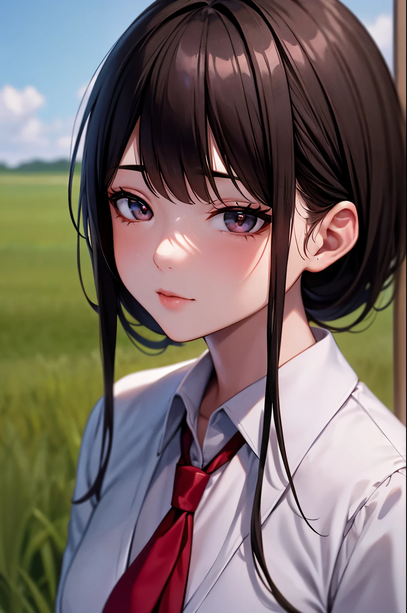 A woman in a red tie is standing in a field, soft Portrait Shot 8K, Young Asian Woman, Photographed with Canon EOS R5, Shot with Canon EOS R 5, Shot with Canon EOS 5D Mark IV, Portrait Shot 8K, Shot with a Canon 5D MK4, Shot on Sony Alpha 9, Portrait of a Japan teenager