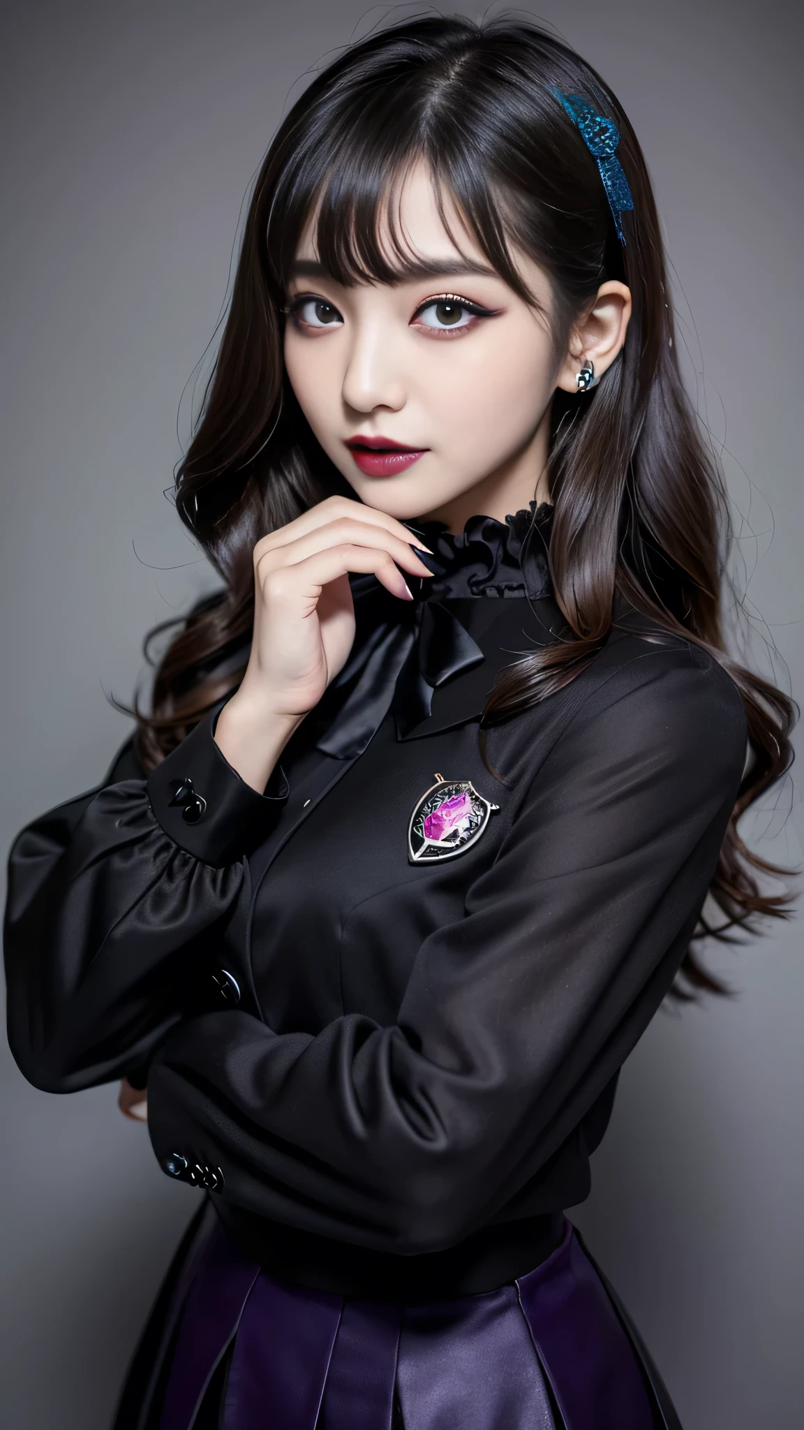 best quality、ultra-detailed、4k、Japanese、Seductive beauty、seductive adult woman、Pretty Woman、cool girl、Villainess、Brainwashed、brainwash、Fallen into evil、smirk、Evil look、Wicked Smile、evil、Brown hair、wavy hair、swept bangs、dark makeup、dark makeup、piercing eyes、hollow eyes,half-closed eyes、Hollow Eyes、purple Eyeshadow、black lipstick、black lipglos、suit、Jacket、Black Ribbon、Frilled blouse、flare skirt、night、inside darkroom、Has a switch、Emblem of Evil、Crest of Darkness、Swear allegiance、I have pledged my allegiance、Dye black、Blackening、Stained with evil、Dyed in darkness、