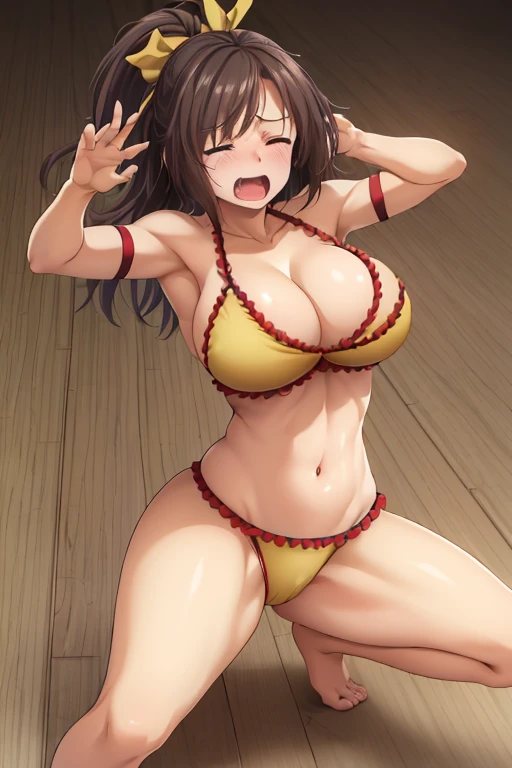 masterpiece, best quality, beautiful art, high resolution, well formed hands, body and fingers, 1 woman, solo, HikariHazakura adult, grown up, hair ribbon, big breasted, cleavage, full body, wearing a Mata Hari outfit, sexy belly dancer, sexy and skimpy arabian belly dancer attire, gorgeous legs and thighs, , ryona , in peril, she is slapped in the face and being beaten up by her opponent, knocked down, being slammed against the floor, receiving the impact of her opponent's attacks, closed eyes, screaming in pain and agony, ryona and perilous scene, bouncing breasts, weak and helpless, martial arts tournament on the beach