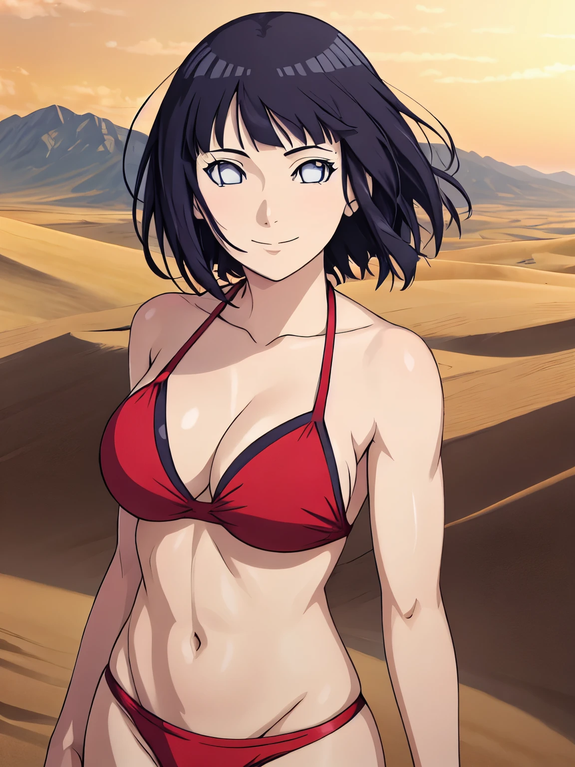 (hinata\(boruto\), (high quality, upper body view only, anime, tall woman, perfect hand anatomy, red bikini, off-shoulders, little biceps, long belly,  smile), ((triceps)), (medium-big breasts), closed mouth), (posing for the viewer), ((floating hair, dark blue, short hair, hime cut، loose hair), (location: anime drawn desert, windy afternoon),
