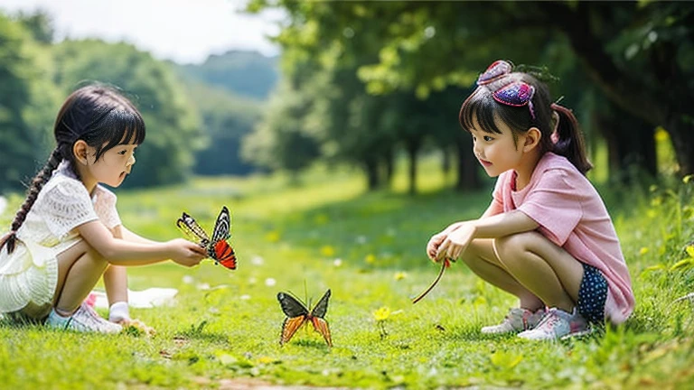 Children playing with beautiful insects in the countryside、