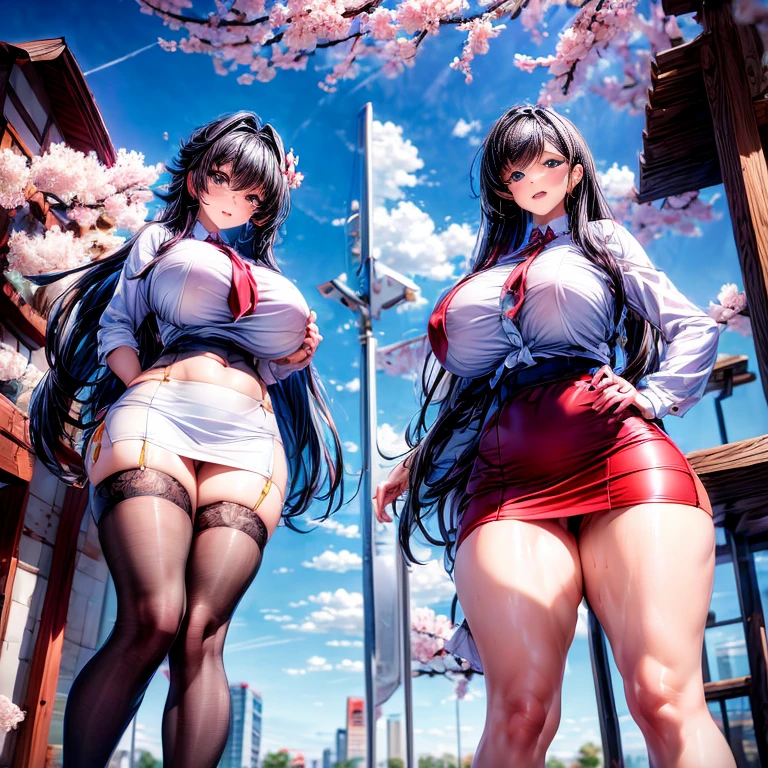 masterpiece, highest quality,Three cool female teachers, Long Hair、Bob Hair、semi-long、,enviable _face,Shiny skin,Super big breasts,Beautiful leg lines,Thick thighs, Narrow waist,, Knee socks,tie,((Pencil Skirt)),High heels, pantyhose, ,View your viewers,From below,whole body, Leg up、Sex,、Camel Toe、Giant tit、Nipple Puffs、Cleavage、Plump、Super big breasts、Super big butt、((Cherry blossom trees、SakuraFubuki))、