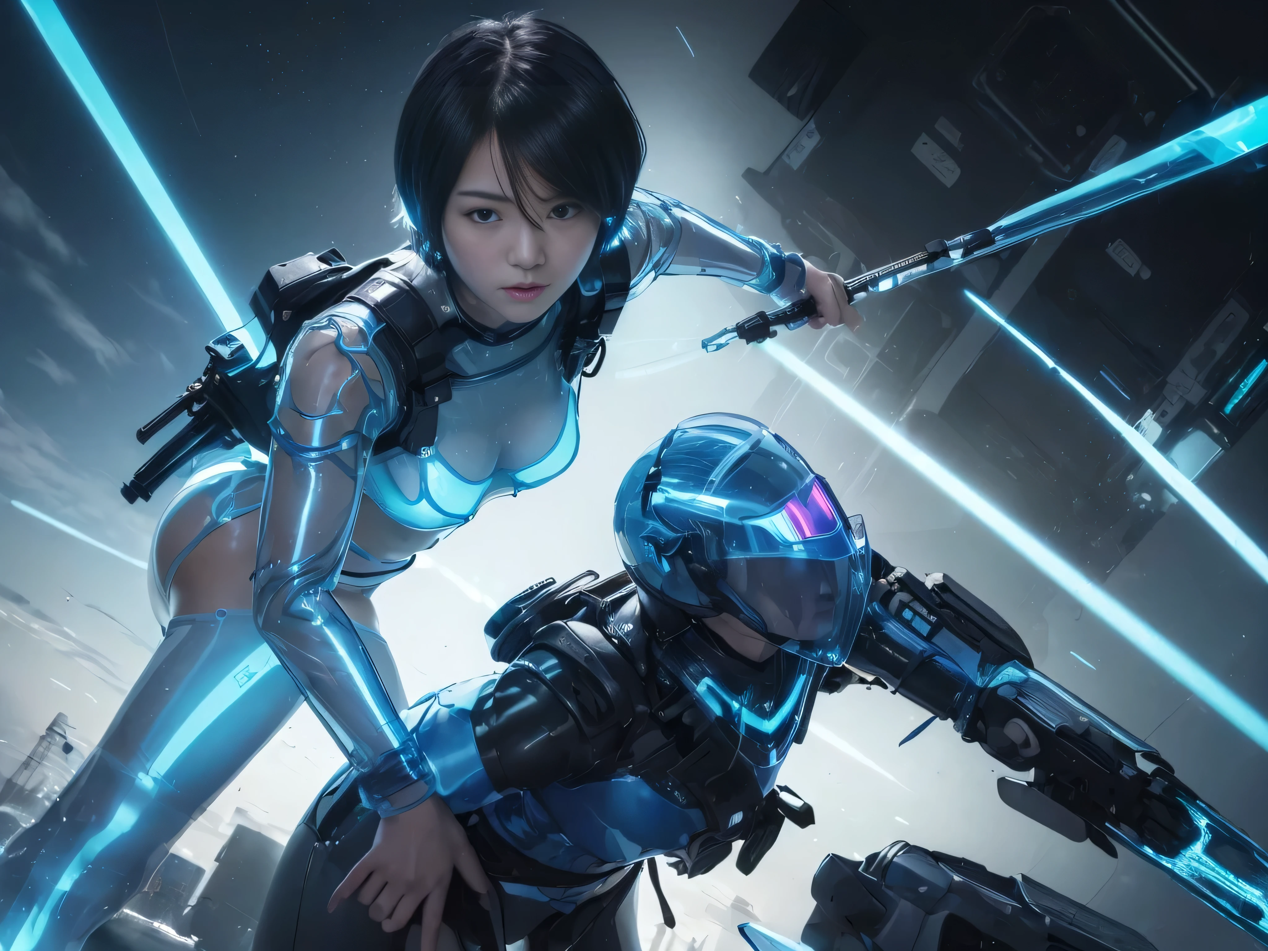 (RAW quality:1.4), One Girl, Japanese, , Textured skin, (Sky blue shiny short hair:1.4), Very detailed, Advanced Details, high quality, 最high quality, High resolution, 1080p, hard disk, beautiful,(Gundam),Beautiful cyborg woman,large body,((Wearing Futuristic Transparent Reinforced Plastic Machine Parts。:1.4)), Nipples covered with transparent mechanism, Mechanically protected front groin, (Exposed lower abdomen:1.4), The bare skin of the large body is exposed., large body naked, Perfect Proportions, Great tit, (He carries a lot of weapons on his back..:1.4), folded building background, City in flames, (The blue LED on the bust top glows strongly:1.4), Biologically correct, pubic_hair,