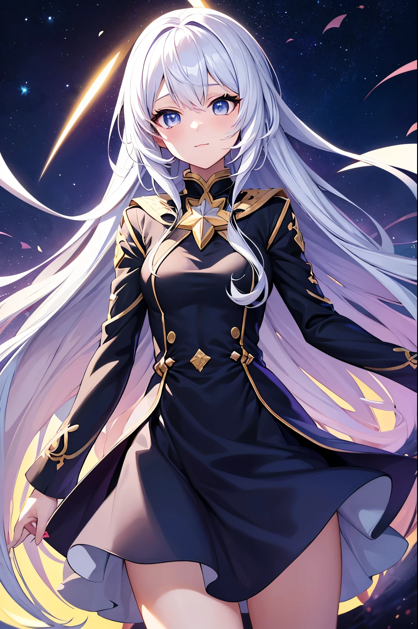 anime girl with long white hair and a star in her hair, White-haired God, Anime girl with space-like hair, star(null) starry_null, Cute girl anime visuals, Splash Art Anime , White glowing aura, White Hair Girl, Ethereal Anime, akasuki voidstar, Celestial Aura, Nightcore, Anime Moe Art Style
