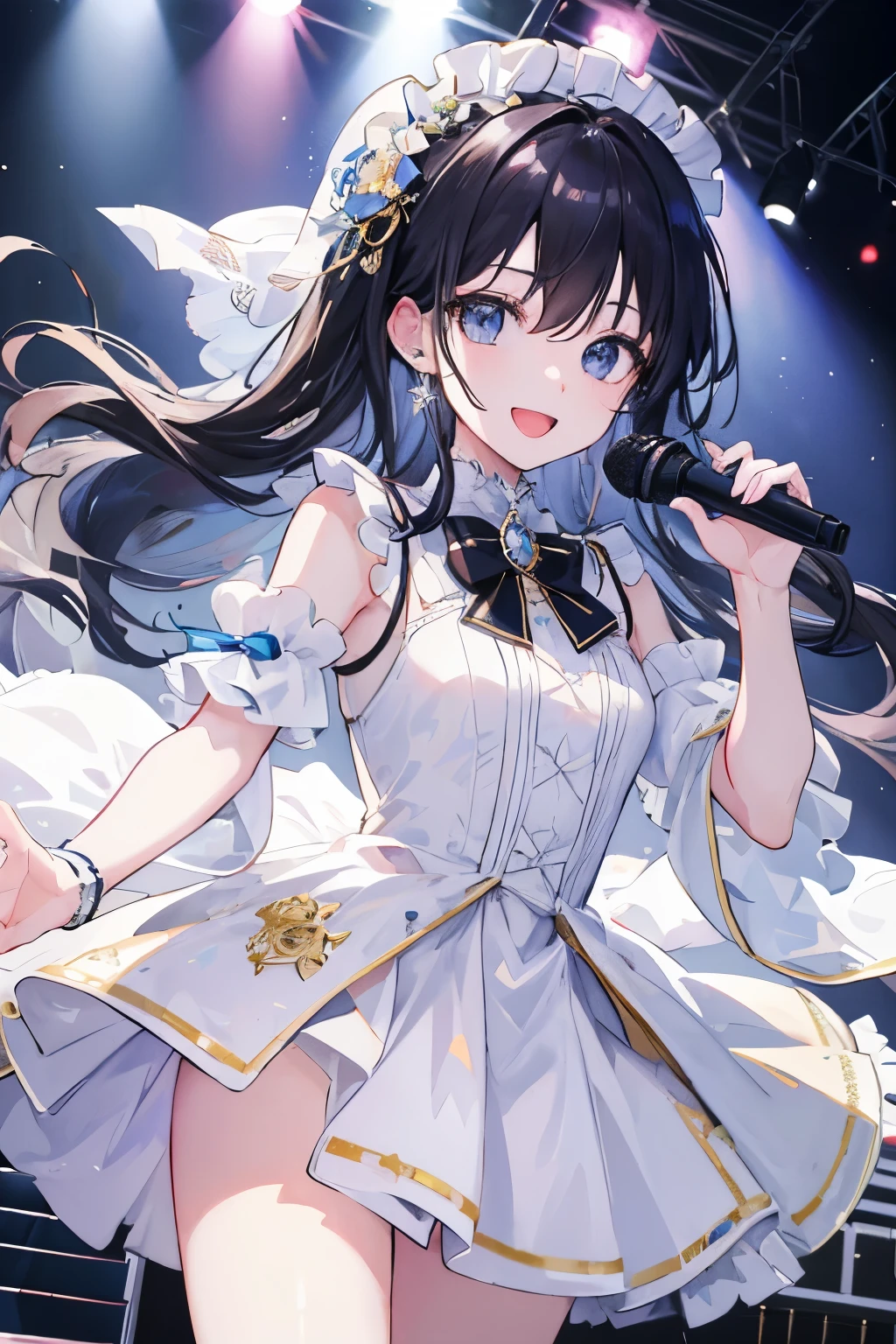 ((highest quality)), ((masterpiece)), (detailed), Idol、、woman、Black Hair、Long Hair、clear、bright、smile、debut、The background is a concert stage、White frilly outfit、Idol concert style、anime-style picture、Singing with a microphone、