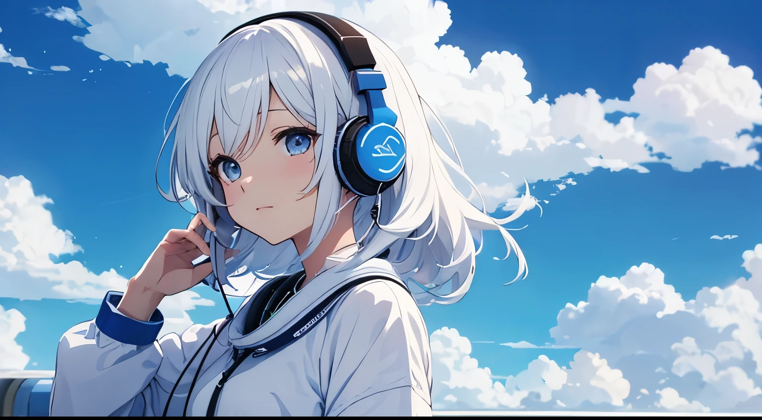 White clouds in blue sky、Beautiful girl listening to music through headphones、Japanese anime style、