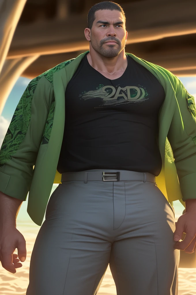 An award-winning original photo, 1 man, solo, ((41 year old)), George Pei, Chris Redfield, ((daddy)) weaing casual gray T-shirt inside, ( jacket with white and green print outside), (dark black trousers), muscular male, round face, bulge, tall and hunk, biceps, abs, chest, emotionless face, best quality, masterpiece, dynamic angle, beach in the background, detailed face, volumetric lighting, center focus, from below,(Best quality, A high resolution, Photorealistic), Cinematic lighting, Masterpiece, RAW photo, Intricate details, hdr,