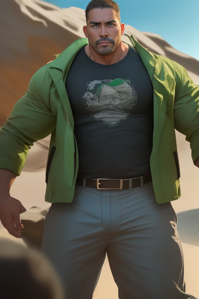 An award-winning original photo, 1 man, solo, ((41 year old)), George Pei, Chris Redfield, ((daddy)) weaing casual gray T-shirt inside, ( jacket with white and green print outside), (dark black trousers), muscular male, round face, bulge, tall and hunk, biceps, abs, chest, emotionless face, best quality, masterpiece, dynamic angle, beach in the background, detailed face, volumetric lighting, center focus, from below,(Best quality, A high resolution, Photorealistic), Cinematic lighting, Masterpiece, RAW photo, Intricate details, hdr,