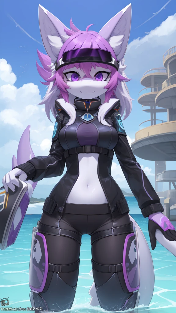 ((best quality, Masterpiece, Complete anatomy, Detailed pictures)), 1 female, arctic protogen, shark girl, Long visor, purple visor, purple eyes, sexy body, Big Pong, Chest big, Waist 57, Thigh 86, naked, Shark tail, red red, shy, in the sea, front view