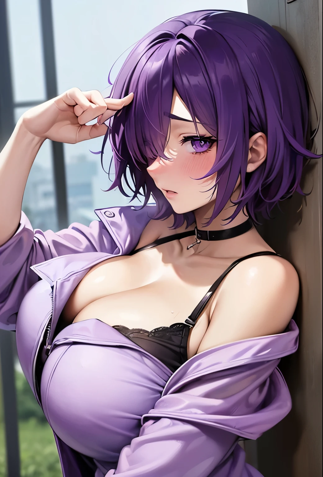 masterpiece:1.2, 1women, (38yers old), (best quality), (real picture, intricate details, depth of field), highly-detailed, attractive waist, high resolution, (illustration:0.8), perfect lighting, extremely detailed CG, big breasts, (large breasts:1.5), tall lady, susprised posture, tight pants, (thick_thighs:1.5), huge ass, (Purple Jacket:1.5), cleavage, (purple hair), (hair over one eye:1.5), lipstick, anime blushing, (blushing:1.5), (short hair:1.5), (Short purple hair:1.5), (mature female:1.5) (mature face)