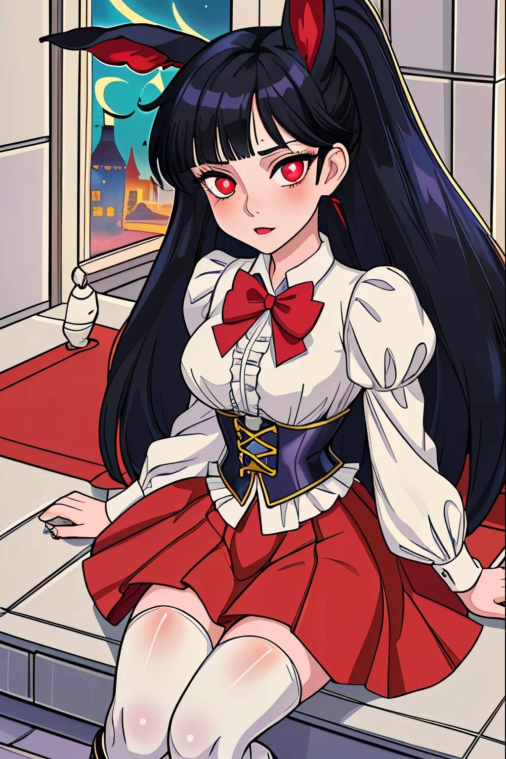 anime girl, tall, short black hair, Bangs are heavy, bunny ears, vampire, red eyes, ((best quality)), ((highly detailed)), masterpiece, absurdres, (detailed eyes, deep eyes), (1girl), puffy shirt, big bowtie, corset, skirt, stockings, boots, cape, Outside at night when the moon shines, dress, frills, The sleeves are wide at the hem, long sleeve shirt