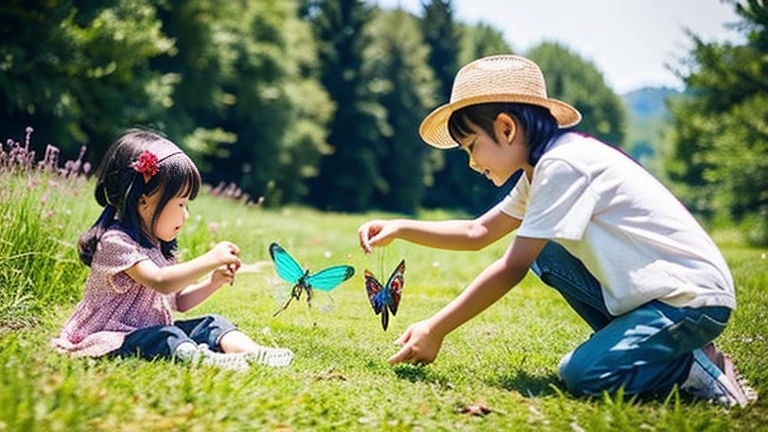 Children playing with beautiful insects in the countryside、