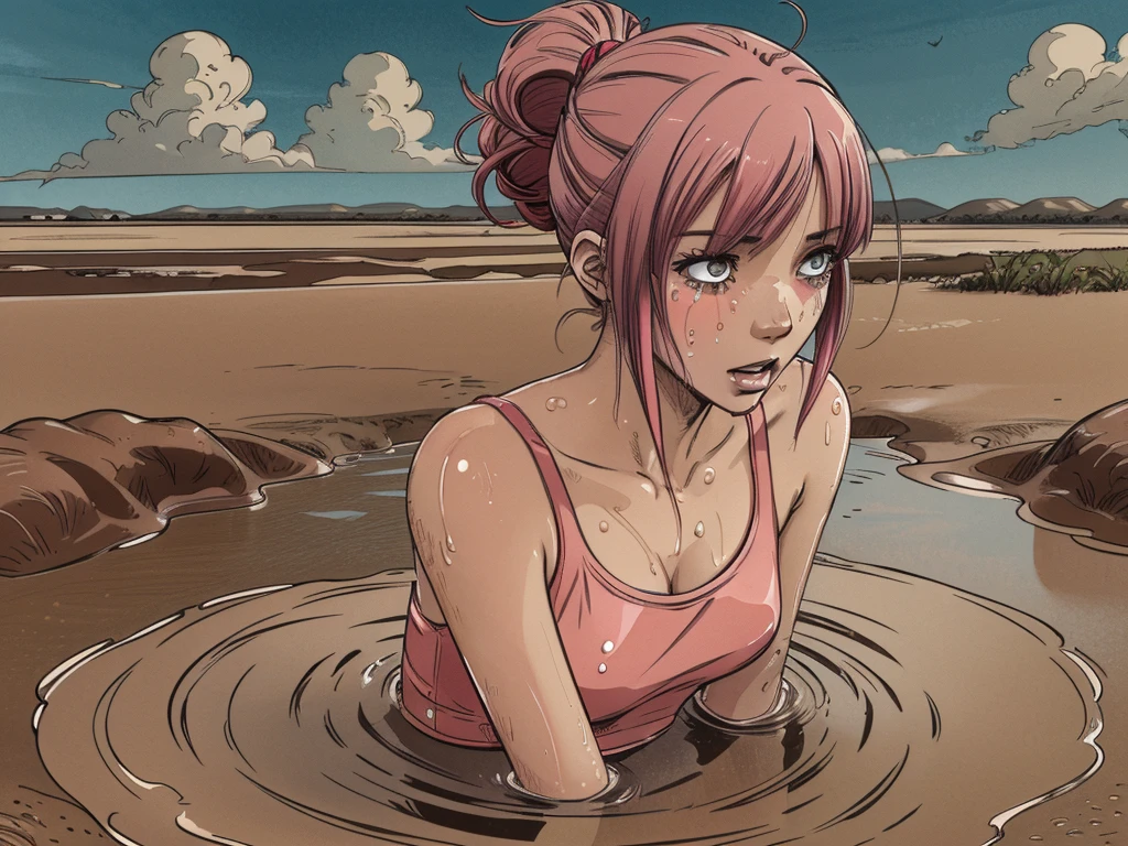 (best quality, highres), (vector image), (anime), (junior age girl head), (colored hair), (gloomy orgasm), (blush), (sporty wetlook top), (completely drowned in quicksand bog), (red), (blue), (tears), sky