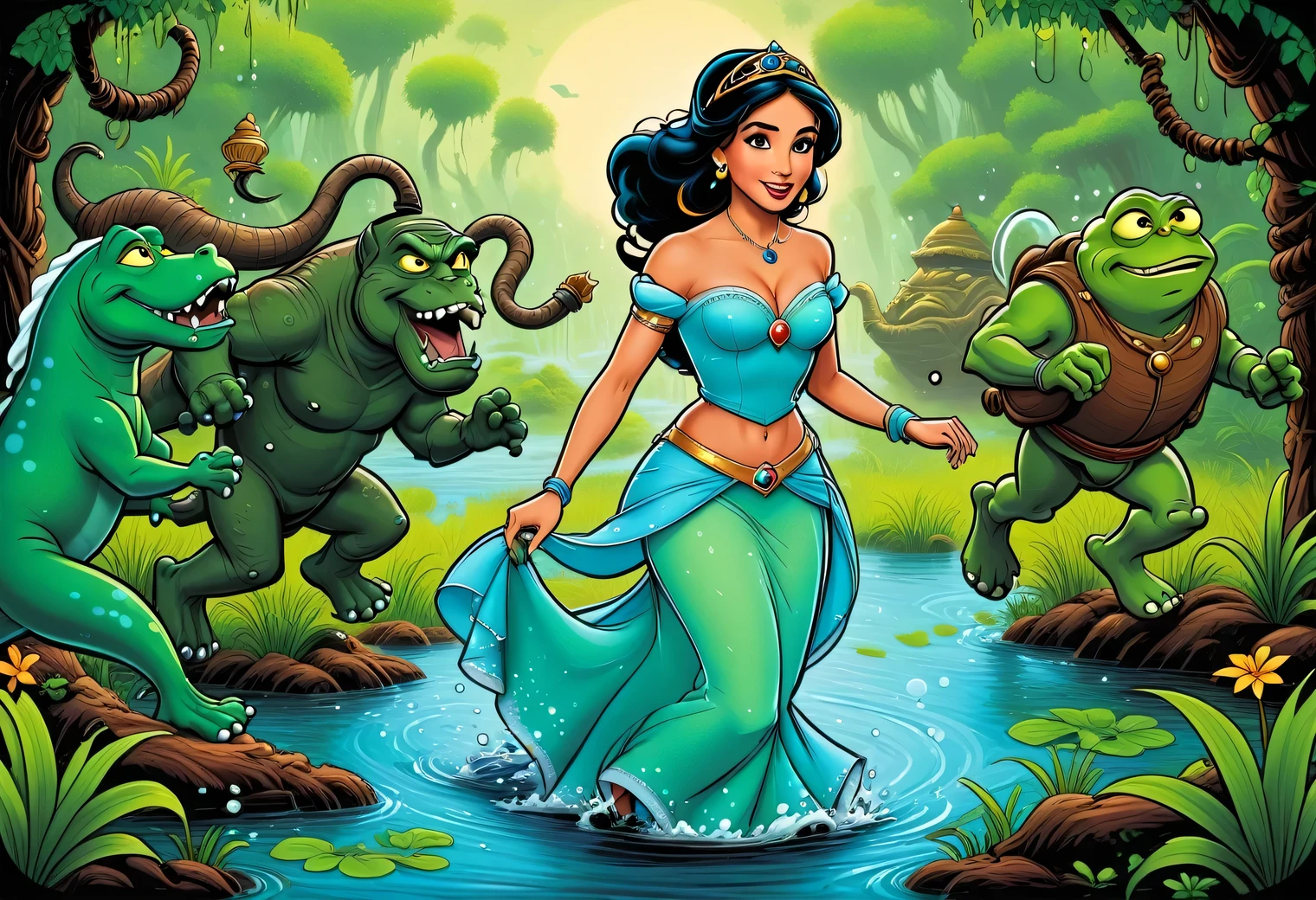 Remove the extra limb and smooth it out with the surrounding background by painting the water of the swamp