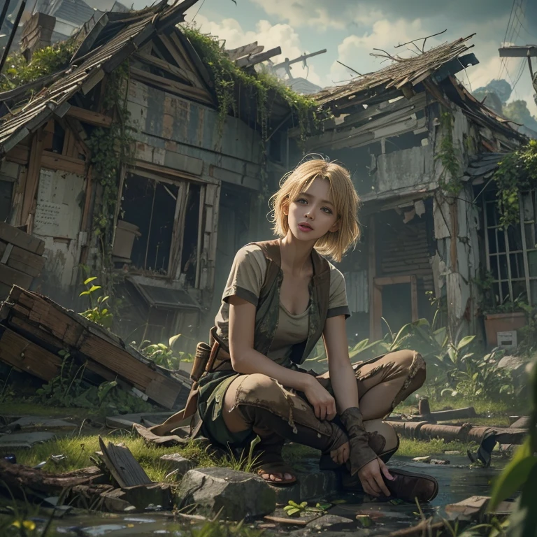 (masterpiece, best quality, 1 girl, solo) Amid the ruins of a zombie apocalypse, a beautiful american golden blonde teenage survivor, ( half body shot, many freckles on face, slim skinny body, short messy sidecut hair, hazel-greenish eyes), weary yet unbowed, discovers a secret sanctuary village, a beacon of hope in a world ravaged by despair. Her journey, fraught with danger and loss, leads her to this hidden haven, where the promise of safety and a new beginning awaits. Surrounded by nature's resurgence, the sanctuary stands as a lush oasis amidst desolation, its very existence a testament to resilience and the enduring spirit of humanity. As she crosses the threshold, her relief is palpable, her face alight with the dawning realization that even in the darkest times, hope can find a way to flourish. This moment captures the essence of hope's triumph over adversity, a poignant reminder that in the fight for survival, the human spirit remains unconquerable, 16K, ultra high res.photorealistic, UHD, RAW, a sanctuary village in the background