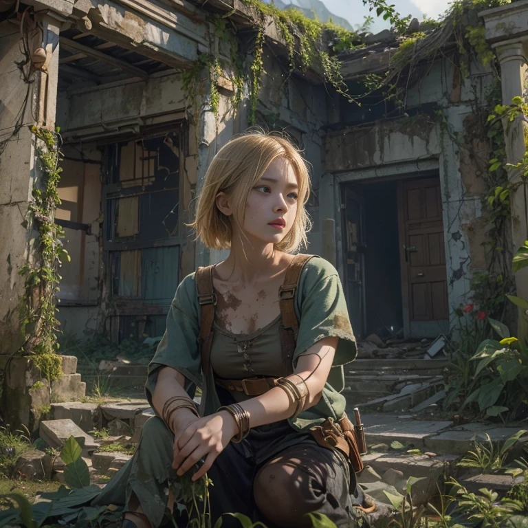 (masterpiece, best quality, 1 girl, solo) Amid the ruins of a zombie apocalypse, a beautiful american golden blonde teenage survivor, ( half body shot, many freckles on face, slim skinny body, short messy sidecut hair, hazel-greenish eyes), weary yet unbowed, discovers a secret sanctuary village, a beacon of hope in a world ravaged by despair. Her journey, fraught with danger and loss, leads her to this hidden haven, where the promise of safety and a new beginning awaits. Surrounded by nature's resurgence, the sanctuary stands as a lush oasis amidst desolation, its very existence a testament to resilience and the enduring spirit of humanity. As she crosses the threshold, her relief is palpable, her face alight with the dawning realization that even in the darkest times, hope can find a way to flourish. This moment captures the essence of hope's triumph over adversity, a poignant reminder that in the fight for survival, the human spirit remains unconquerable, 16K, ultra high res.photorealistic, UHD, RAW, a sanctuary village in the background