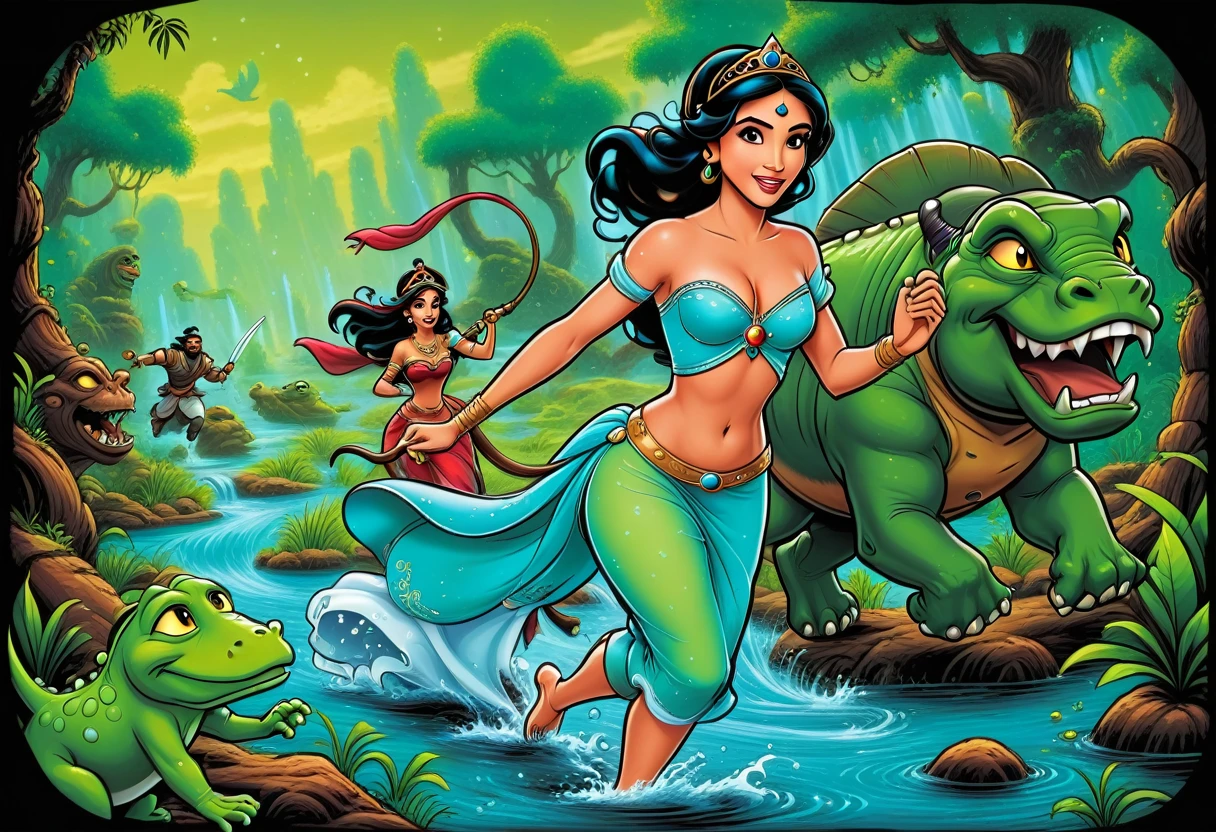 Aesthetics of vector graphics, surreal image of Princess Jasmine running through a fabulous swamp, Princess Jasmine's clothes are dirty and wet, Princess Jasmine is running (chasing at a distance)a cheerful green alien raised thin green hands, vector graphics, high resolution, clear contours, multicolored gradients, high complexity, filigree, the highest detail, at the top on A distant space battle is going on in the dark sky