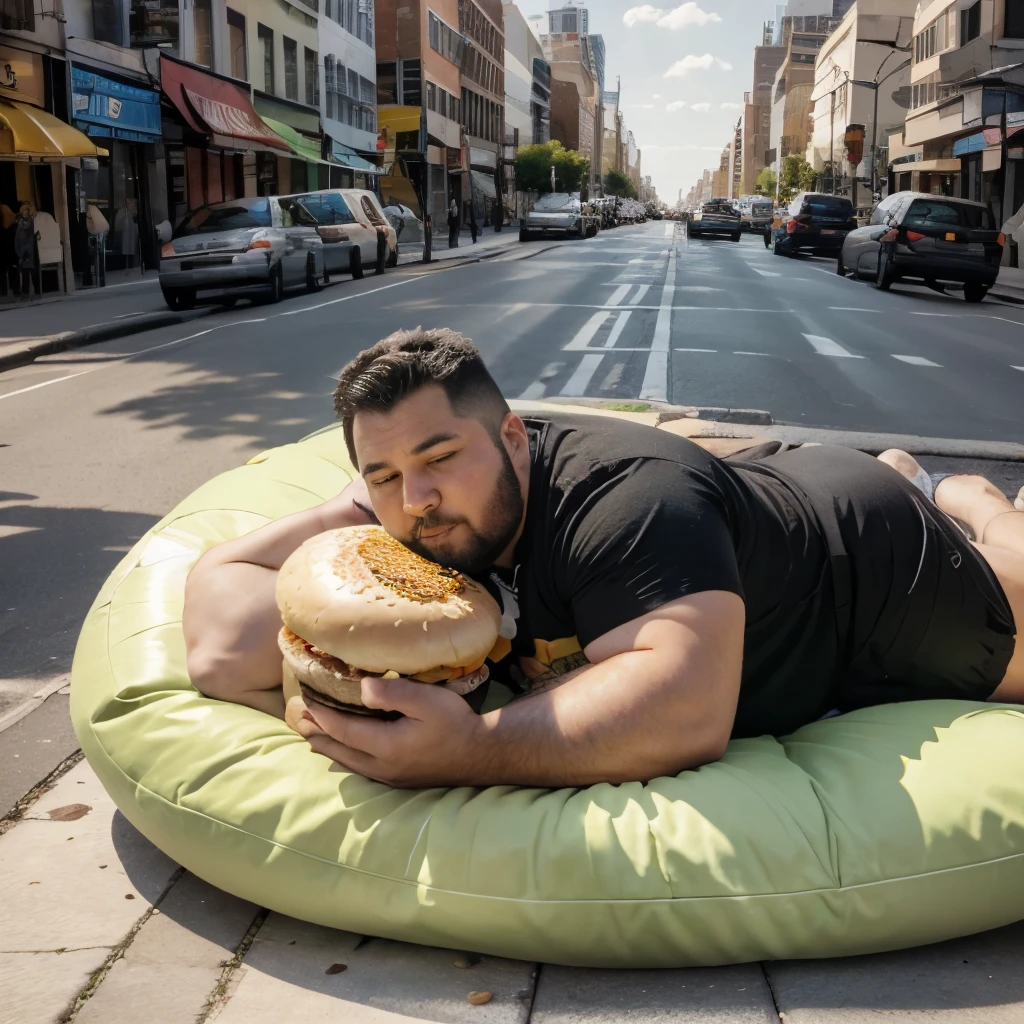 Fat man eating a huge cheeseburger, Lying down and sleeping in the city, colorful, Realistic,gnaw,,Super huge,Hamburger as a pillow、Show your face