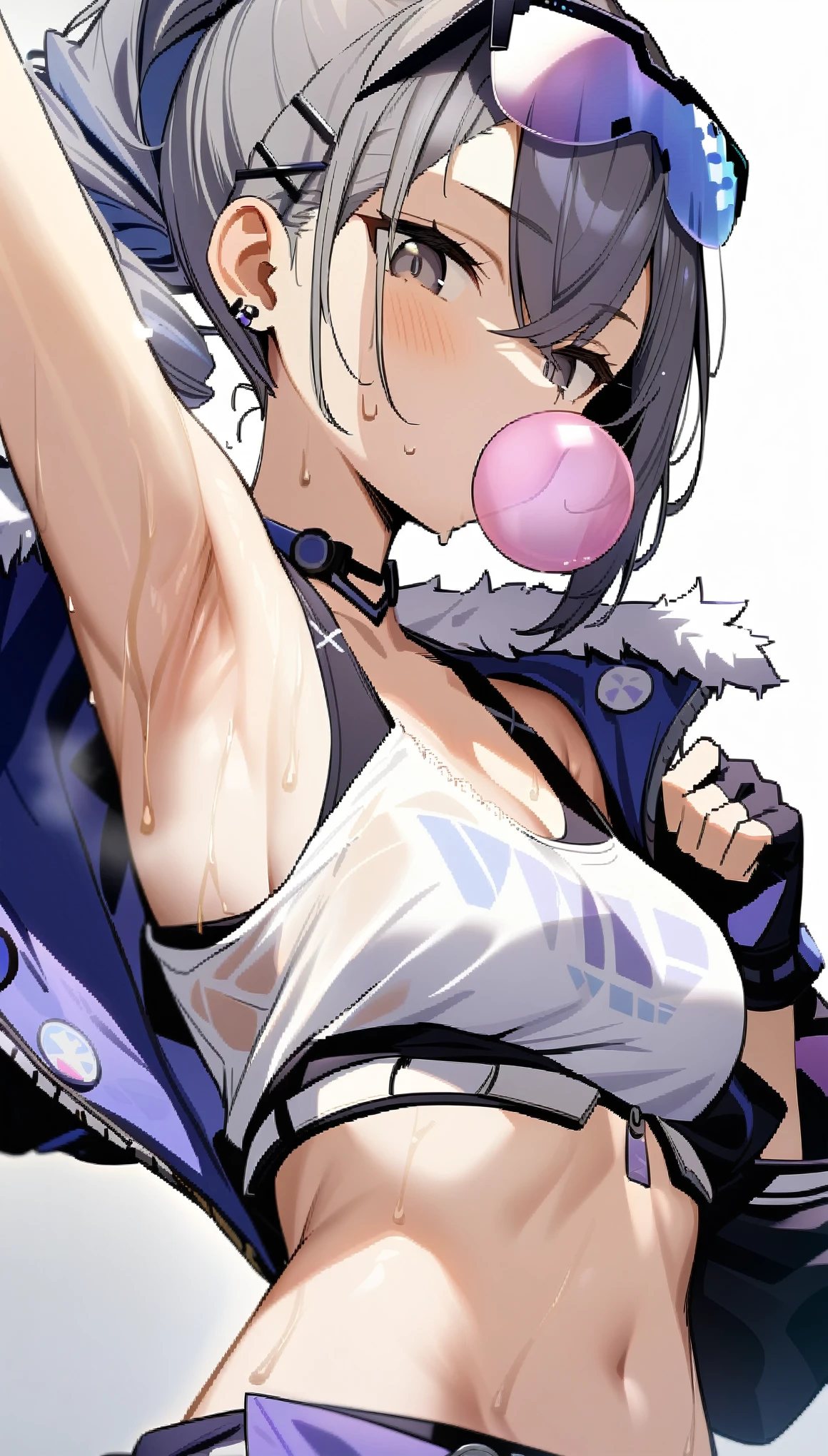 (masterpiece:1.2), hyper detail, best quality, (intricate_details:1.1), beautiful detailed, beautiful hair, solo,1girl,looking at viewer,Silverwolf,shirt, hair ornament, gloves, cleavage, bare shoulders, jewelry, medium breasts, jacket, hair ribbon, white shirt, earrings, open clothes, sleeveless, choker, black gloves, hairclip, fingerless gloves, armpits, off shoulder, open jacket, crop top, sleeveless shirt, sunglasses, eyewear on head, bubble blowing, chewing gum,young girl,shoulder,upper body,hand holding jacket,sweating,heavy breathing,steam,open jacket,greasy shoulder,from below,looking down,flipped hair,armpit,((greasy armpit)),from side, shoulder focus,wet clothes,((armpit focus)),bare shoulder,((smooth armpit))